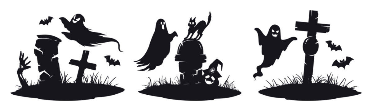 Spooky graveyard scenes. Ghosts, bats, crosses and tombstones Halloween cemetery compositions flat vector illustration set. Gothic holiday graphics isolated on white background