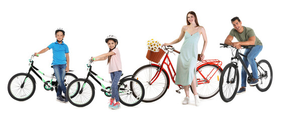 Fototapeta premium Parents and children with bicycles on white background