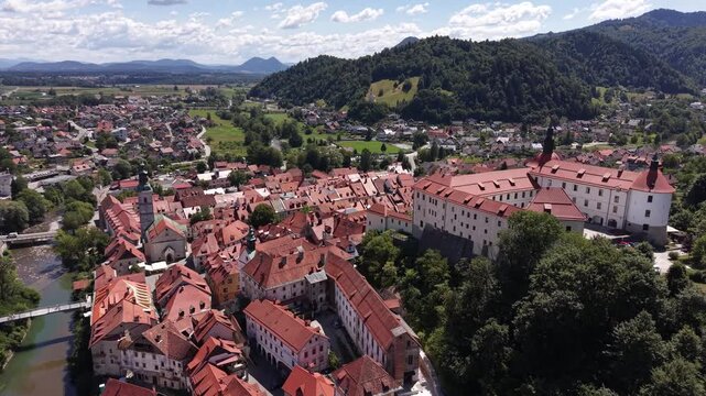 Aerial view of Skofja Loka Castle (Loski grad) and Old Town, Slovenia