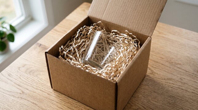 A clear glass tumbler sits nestled in shredded paper filler inside an open cardboard shipping box on a wooden table