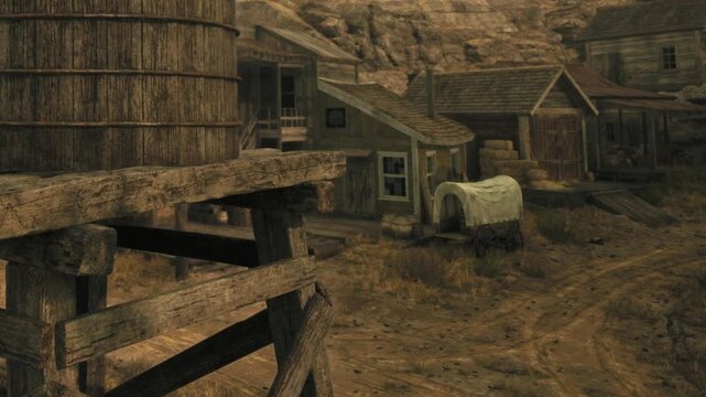 The scene shows a wooden water tower next to old houses in a deserted area. The dirt path leads through the settlement with remnants of daily life scattered around.