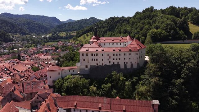 Drone perspective of Skofja Loka Castle (Loski grad), Slovenia