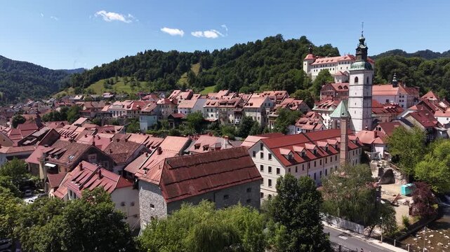 Bird's-eye view over the medieval center of Skofja Loka Old Town, Slovenia