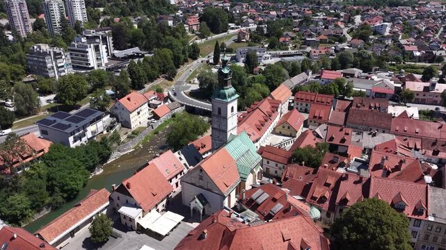 Flight past Saint Jacob Church in Skofja Loka, Slovenia