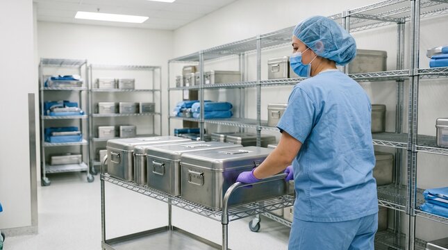 Staff transfers sterile containers to hospital storage