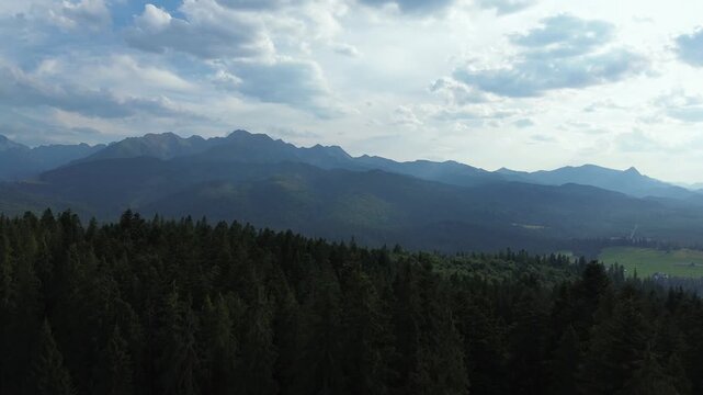 4K Aerial Drone Reveal of Majestic Mountain Range Rising Above Pine Forest Canopy Near Zakopane, Poland