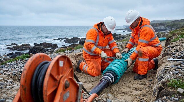 Technicians secure cable armor at a shoreline trench