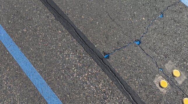 Diagonal Asphalt Bike Lane Repair Seam with Blue Polymer Flow