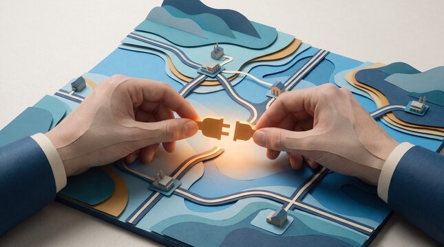 Policy hands adjust a fragile grid connection on paper map
