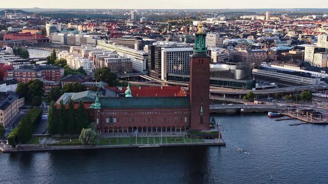 Flight over Stockholm City Hall (Stadshuset) on Kungsholmen, Sweden