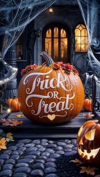 Autumnal Festive Decor. Large carved pumpkin with Trick or Treat lettering on a cobwebbed porch, Halloween holiday seasonal home entrance display.