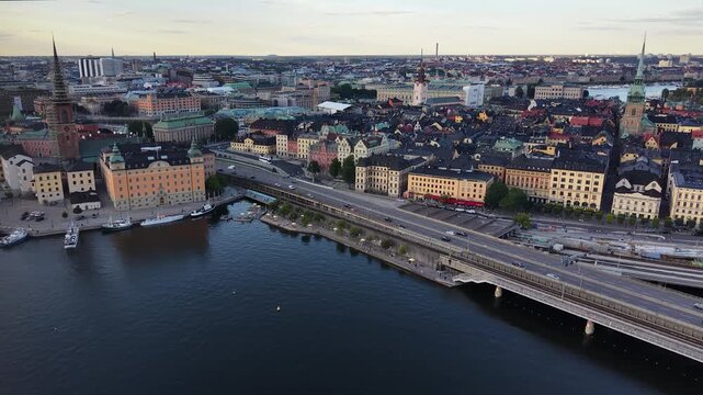 Flight over Gamla Stan island skyline in Stockholm, Sweden