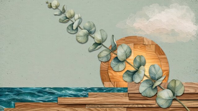Zen Nature Composition. Eucalyptus leaves on wooden geometric shapes and water texture, minimalist abstract background, wellness and spa interior decoration backdrop.