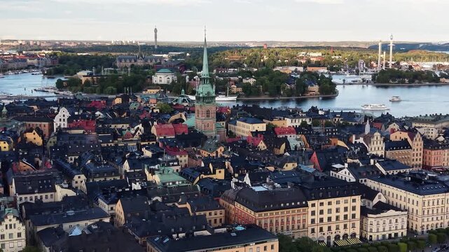 Drone flight over Gamla Stan Old Town skyline, Stockholm, Sweden