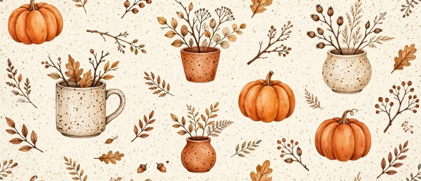 Seamless pattern with pumpkins, potted autumn plants, and dried foliage for seasonal home decor, textile prints, and festive gift wrapping paper backgrounds