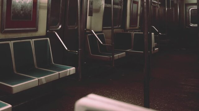 A subway train car has no passengers inside. The seats are arranged on either side of the car. It is dark inside, with dim lighting creating shadows. The scene shows stillness.