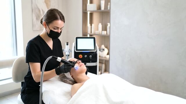 A professional cosmetologist wearing a medical mask, face shield, and gloves performs lip augmentation injections with a syringe for a young female client in a modern aesthetic medicine clinic