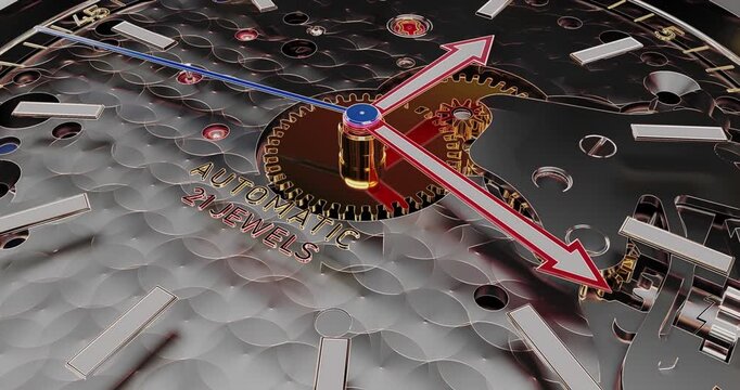 Detailed dial view of skeleton luxury watch movement with working mechanical parts.