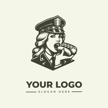 Vintage style illustration of a police officer woman eating a hot dog logo design.
