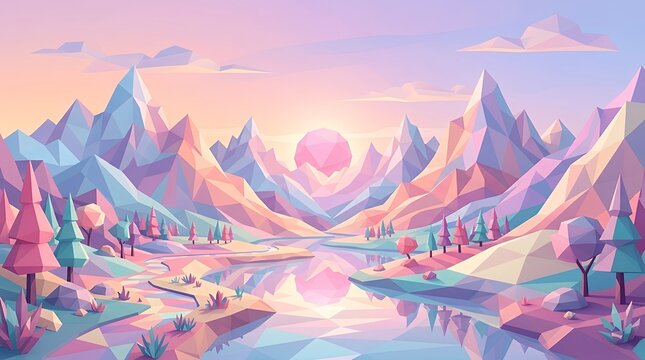 Low poly pastel vaporwave mountain landscape with pink sun and reflective river under soft gradient sky  low poly art pastel tones vaporwave aesthetic mountain scenery pink sun reflective