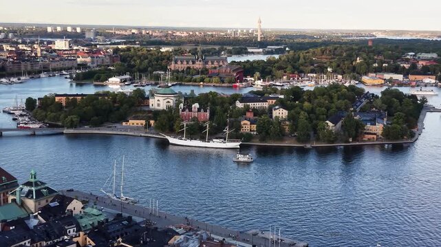 Aerial footage of Skeppsholmen island in Stockholm, Sweden