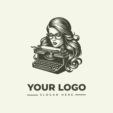 Vintage style logo design featuring a woman with long hair and glasses using an old typewriter.