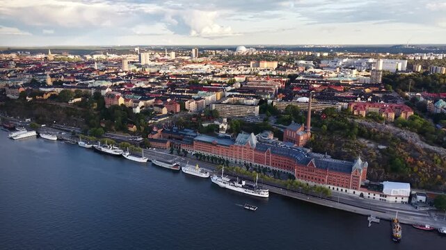 Drone view of Sodermalm waterfront cityscape in Stockholm, Sweden
