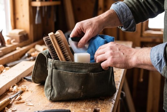Person placing snowboard waxing tools and brushes into canvas bag