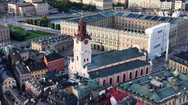 Aerial shot of Storkyrkan Church (Stockholm Cathedral) in Stockholm, Sweden
