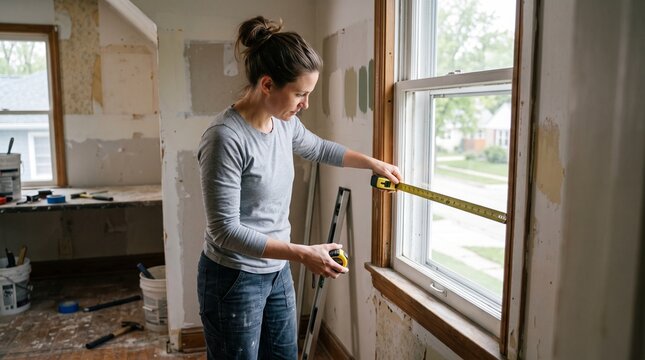 Woman measuring window frame during home renovation project with tools and supplies visible