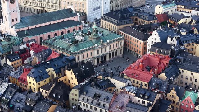 Flight over Stortorget square in Gamla Stan, Stockholm, Sweden