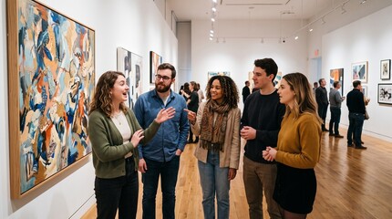 Obraz premium Diverse group of friends enjoying modern art exhibition at a gallery with abstract paintings on display