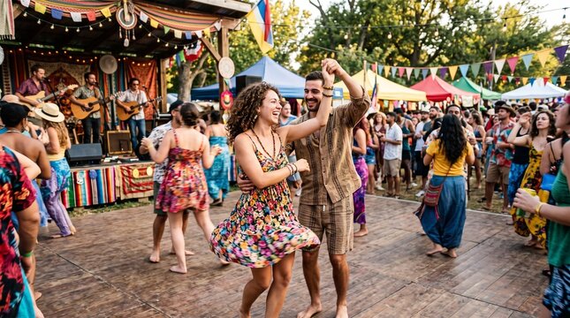 Couple dancing joyfully at an outdoor summer music festival with a live band playing on stage