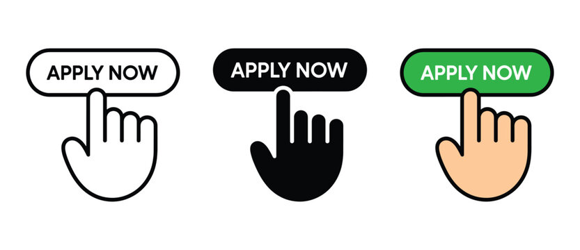 Click to Apply: Three distinct cursor hand icons are shown pointing to Apply Now buttons in white, black, and green, representing user interface interaction.