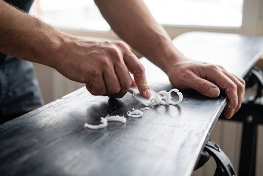 Person using plastic scraper tool to remove excess wax from snowboard
