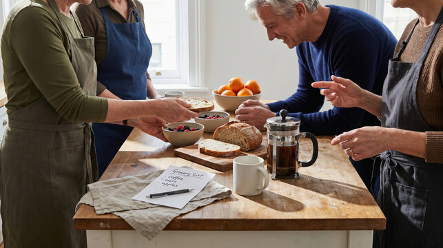 Co-Housing Shared Breakfast Prep at a Communal Kitchen Island