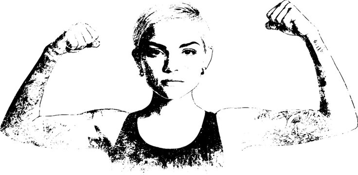 Grunge black and white stencil portrait of a tattooed woman flexing muscles for bold poster background and graphic design