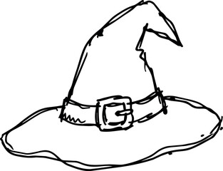 Naklejka premium Witch hat with crooked buckle and pointed crown in naive hand drawn vector illustration