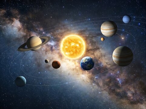 Detailed illustration of the solar system planets orbiting the bright sun in deep space