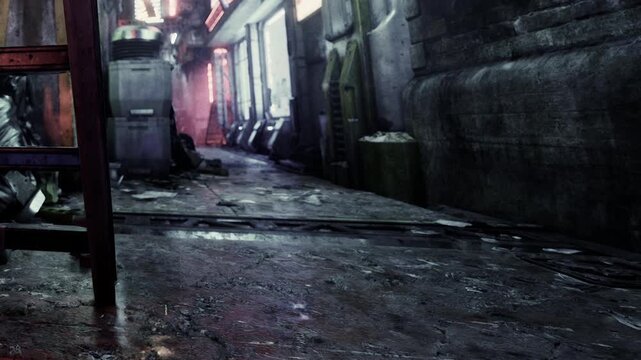 An alleyway is shown at night with dim lighting from neon signs. The ground is wet, and there is litter spread around. The walls are covered in grime and shadows.