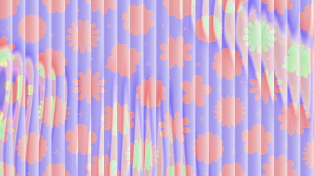 Whimsical flower pattern with motion gradient background. Retro botanical animated backdrop.