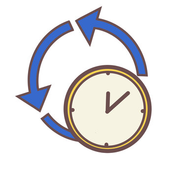 Clock with blue circular arrows icon illustration. Hand drawn time and refresh symbol isolated on white background.