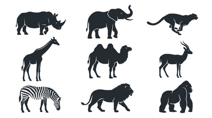 Fototapeta premium Detailed silhouettes of wild African animals including lion elephant zebra giraffe rhino gorilla and fast cheetah