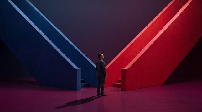 Businessman Standing Between Red and Blue Staircases Making Decision
