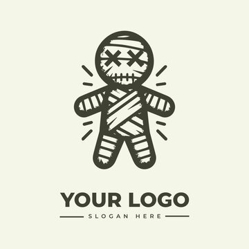 Minimalist vector logo design featuring a cute mummy character for halloween branding.