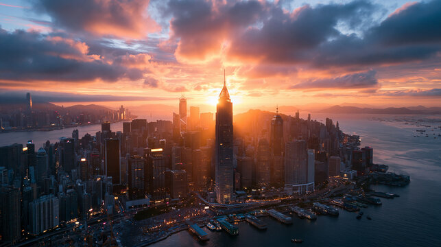 Aerial View of City Skyline at Dramatic Sunset