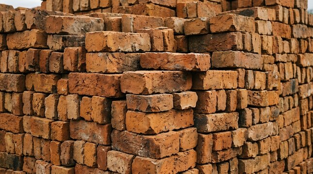 Piled aged terracotta building blocks A close-up of weathered burnt orange and ochre construction bricks stacked together. High-texture backdrop suitable for building or factory motifs background 