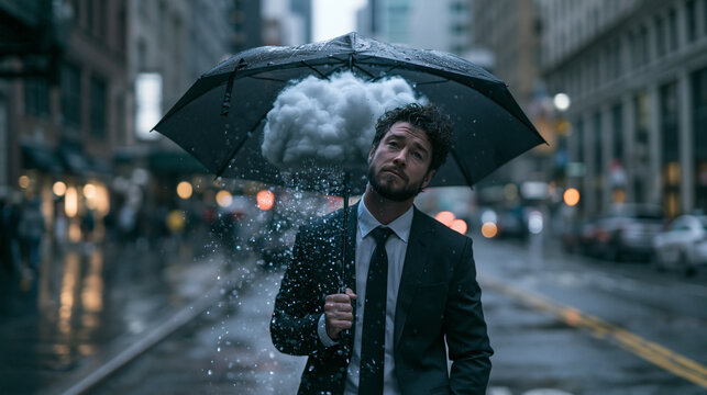 Depressed Businessman with Rain Cloud Under Umbrella on Street