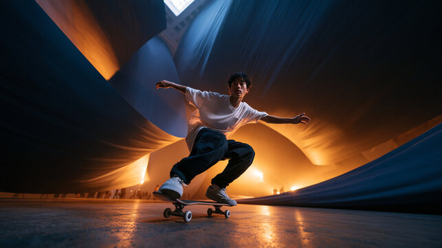 Young Man Skateboarding in Dramatic Artistic Tunnel
