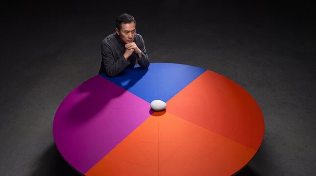 Businessman Contemplating Strategy at Colorful Round Table